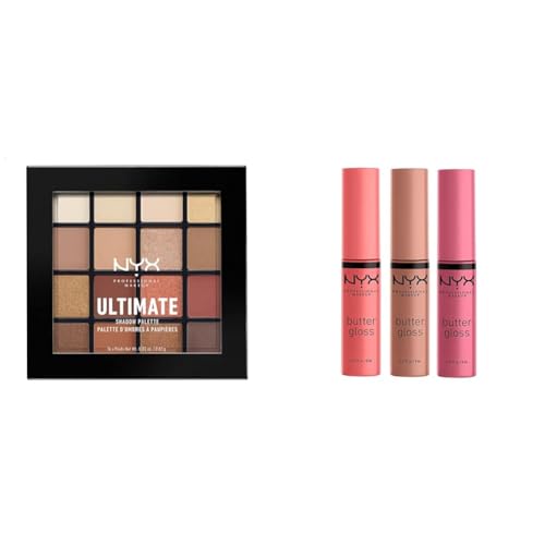 NYX Warm Neutrals Eyeshadow Palette and Butter Gloss Set for All Skin Tones, 10 Shades