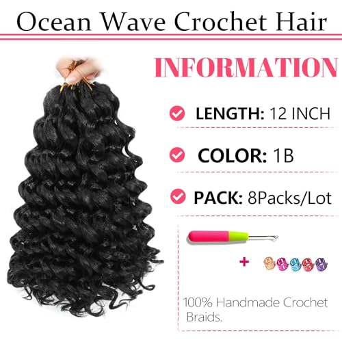 Ocean Wave Crochet Hair 12 Inch 8 packs Deep Wave Crochet Hair Synthetic Curly Braiding Hair Crochet Hair for Black Women (12 Inch, 8 packs, 1B) - Image 3