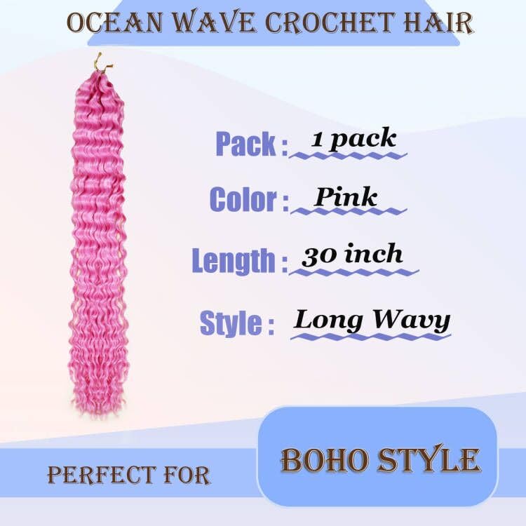 Ocean Wave Crochet Hair 30 Inch 1 Pack Long Deep Wave Crochet Hair Wavy Braiding Hair Synthetic Curly Crochet Hair For Black Women(30 Inch,1pack,Pink) - Image 2
