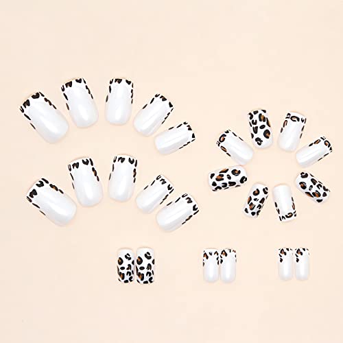 OCOUYVD 24Pcs Leopard Press on Nails Short French Tip Fake Nails Square Acrylic Nails Silvery White Stick on Nails with Designs Glossy French Glue on Nails for Women and Girls Nail Decorations - Image 2