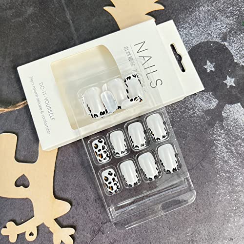 OCOUYVD 24Pcs Leopard Press on Nails Short French Tip Fake Nails Square Acrylic Nails Silvery White Stick on Nails with Designs Glossy French Glue on Nails for Women and Girls Nail Decorations - Image 5