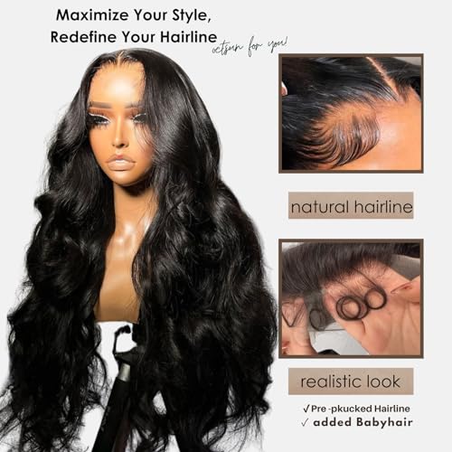 OCTSUN 26" Body Wave Lace Front Wigs Human Hair 13x4 HD Lace Glueless Human Hair Wig Pre Plucked Natural Hairline Brazilian Human Virgin Hair Long Black Body Wave Wig for Black Women 180% Density - Image 3