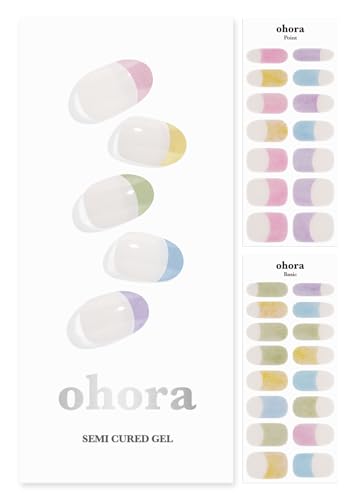 ohora Semi Cured Gel Nail Strips (N Fluffy French) - Extended Size Range, Works with Any Nail Lamps, Salon-Quality, Long Lasting, Easy to Apply&Remove - Includes 2Prep Pads, Nail File&Wooden Stick
