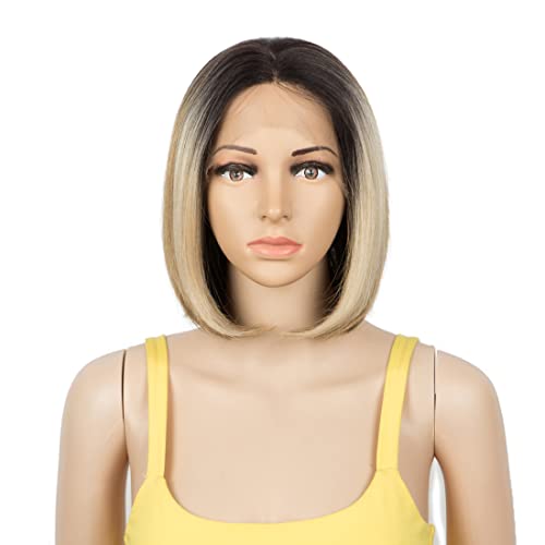 Ombre Blonde Bob Wig 4X4 Short Straight Bob Wigs For Black Women Blonde Bob Synthetic Lace Front Wig 10inch Blunt Cut Bob Wig Free Parting