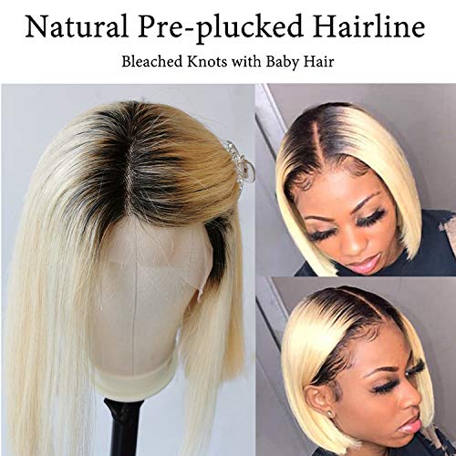 Ombre Blonde Dark Root Lace Front Bob Wig Pre Plucked Sexy Straight Virgin Real Human Hair Closure Wigs Invisible Headline for Women 13x1x4 Lace Frontal Bob Glueless 1B613 Colored 16 inch - Image 6