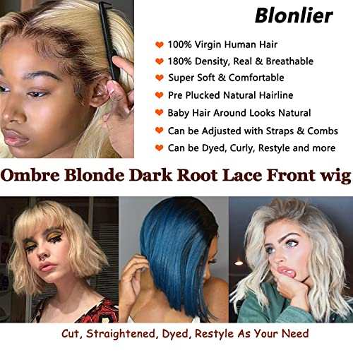 Ombre Blonde Dark Root Lace Front Bob Wig Pre Plucked Sexy Straight Virgin Real Human Hair Closure Wigs Invisible Headline for Women 13x1x4 Lace Frontal Bob Glueless 1B613 Colored 16 inch - Image 4