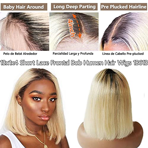 Ombre Blonde Dark Root Lace Front Bob Wig Pre Plucked Sexy Straight Virgin Real Human Hair Closure Wigs Invisible Headline for Women 13x1x4 Lace Frontal Bob Glueless 1B613 Colored 16 inch - Image 3