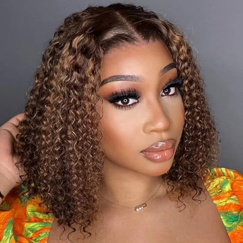 12 Inch Ombre 4/27 Highlight Deep Wave Curly Glueless Lace Front Human Hair Bob Wig