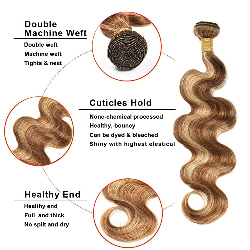 Ombre Body Wave Bundles Highlight Human Hair Bundle Brazilian Virgin Brown Highlight Bundles 12 Inch Honey Blonde Bundles Human Hair Weaves Double Weft P4/27 Human Hair Bundles - Image 3