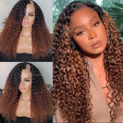 Ombre Brown Kinky Curly U Part Human Hair Wig for Women 4B4C Full Head 1X3 Left Part U Shape Clip In Human Hair Brazilian Virgin Hair Glueless None Lace Front #FB30 Colored Wigs 22inch 130Density