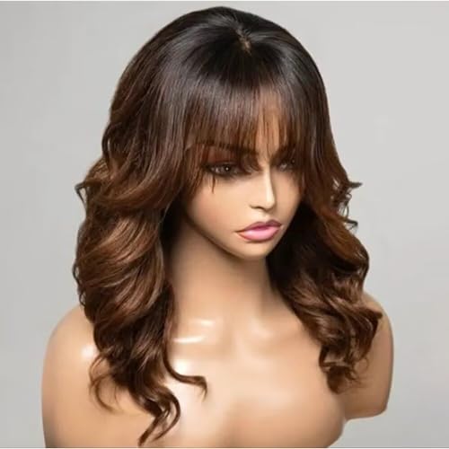 Ombre Brown Layered Cut Wavy Human Hair Wig With Bangs HD Transparent 13X4 Glueleee Lace Front Brazilian Human Hair Wig Bleached Knots 1B 30 Colored Loose Wave Bangs Wig 150 Density for Women 24" - Image 3