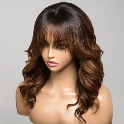 Ombre Brown Layered Cut Wavy Human Hair Wig With Bangs HD Transparent 13X4 Glueleee Lace Front Brazilian Human Hair Wig Bleached Knots 1B 30 Colored Loose Wave Bangs Wig 150 Density for Women 24" - Image 5