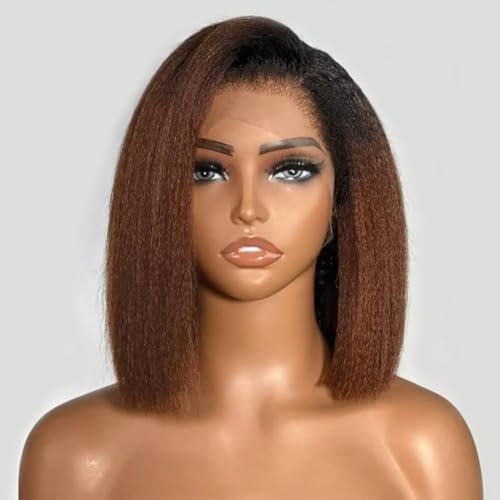 Ombre Brown Short Kinky Straight Human Hair Wig 4C Kinky Edges 13x6 HD Lace Front Bob Wig Glueless Yaki Straight Blunt Cut Bob Wig with Natural Hairline for Women 8 Inch