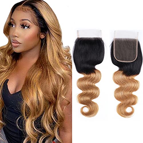 Ombre Closure Body Wave Pre Plucked 4X4 1b27 Lace Closure Free Part Brazilian Hair Human Hair Extensions Curly Sew In Hair Weave Wet And Wavy Unprocessed Virgin Hair Lace Closure Ombre Color 14 Inch