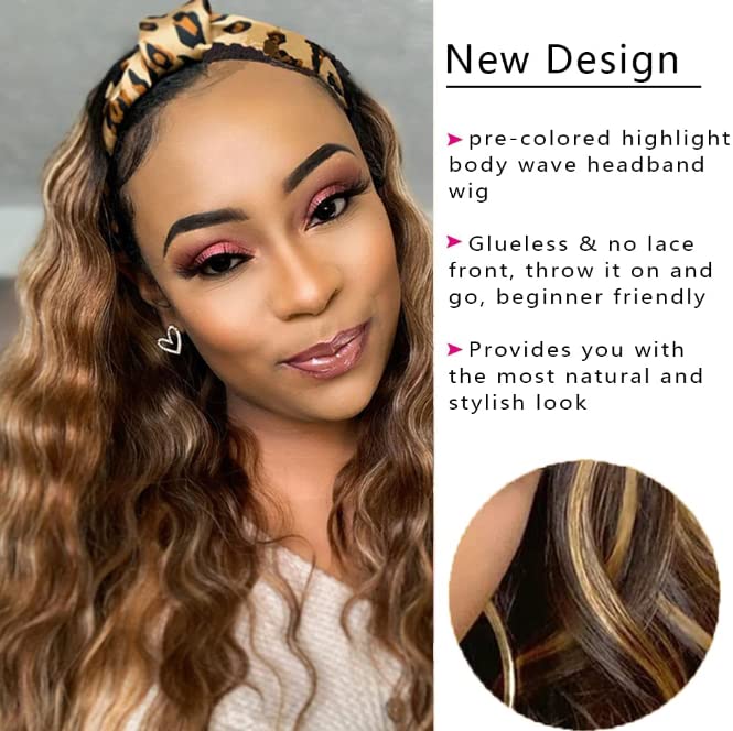 Ombre Headband Wig Human Hair #4/27 Highlight Body Wave Headband Wig 20 Inch Glueless None Lace Front Wig Brazilian Virgin Human Hair Headband Wigs for Black Women Wear and Go Wig 150% Density - Image 4