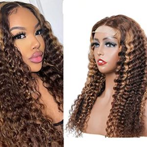 Ombre Highlight 4/27 Lace Front Wig Human Hair Kinky Curly Brazilian Remy Hair Wigs For Black Women Tow Tone Wig Honey Blonde Wig Human Hair Wet And Wavy Wigs Closure Wig 20 Inch