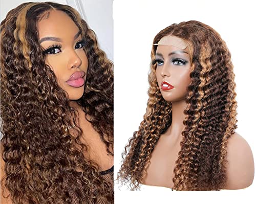 Ombre Highlight 4/27 Lace Front Wig Human Hair Kinky Curly Brazilian Remy Hair Wigs For Black Women Tow Tone Wig Honey Blonde Wig Human Hair Wet And Wavy Wigs Closure Wig 20 Inch