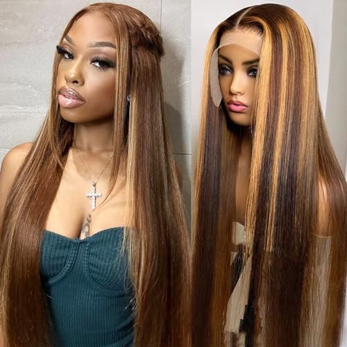 Ombre Highlight Lace Front Wig Human Hair 13x4 HD Transparent 4/27 Honey Blonde Lace Frontal Wigs Pre Plucked with Baby Hair 180 Density Straight Lace Front wigs Human Hair Colored (26 Inch)