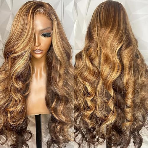 Ombre Highlight Lace Front Wig Human Hair 13x6 4/27 brown Colored Honey Blonde HD Transparent Lace Frontal body Wigs Pre Plucked 180% Density Glueless with Baby Hair for Women