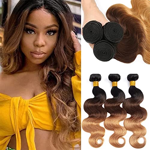 Ombre Human Hair 3 Bundles Body Wave T1B-4-27 Brazilian Human Hair Bundles 100% Unprocessed Virgin Remy Human Hair Bundles Double Weft Light Brown Mixed Blonde Human Hair Weave（22 24 26）