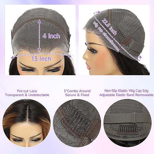 Ombre Lace Front Wig Human Hair 13x4 Glueless Wigs Human Hair Pre Plucked pre cut Wear and Go Glueless Wig 180% Density 1B/30 Highlight Body Wave Wig HD Colored Wigs 24Inch - Image 5