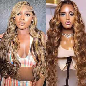 28 Inch Honey Blonde Ombre Body Wave HD Transparent Lace Front Wig 180% Density