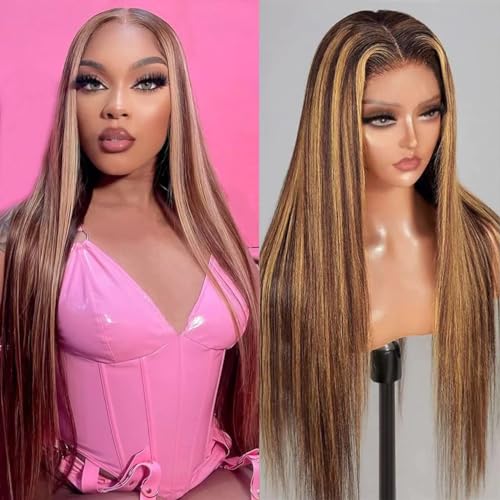 28 Inch 180% Density Ombre Blonde Straight Human Hair Lace Front Wig 4/27 Highlight Balayage