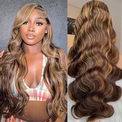 Ombre Lace Front Wig Human Hair - 13x6 HD Body Wave Highlight Lace Frontal Wigs Human Hair Pre Plucked With Baby Hair,180% Density 4/27 colored Glueless Honey Blonde Wig Human Hair 28 inch