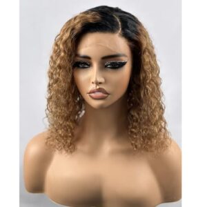 12 Inch Short Deep Wave Curly Ombre Lace Front Human Hair Wig 180% Density