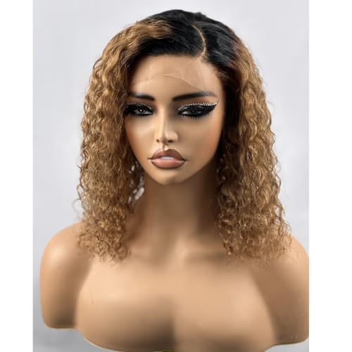 12 Inch Short Deep Wave Curly Ombre Lace Front Human Hair Wig 180% Density