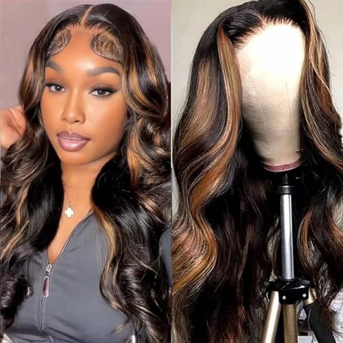 Ombre Lace Front Wig Human Hair 22Inch Colored Highlight Lace Front Wig Human Hair Body Wave 13x6 Lace Frontal Wigs Human Hair Pre Plucked With Baby Hair 180% Density 1B/30 Highlight Wig