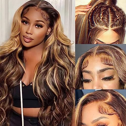 Ombre Lace Front Wigs Human Hair 26inch Honey Blonde Lace Front Wig Human Hair 13x4 HD Transparent 4/27 Highlight Lace Front Wig Pre Plucked With Baby Hair 180% Density Glueless Human Hair Wigs