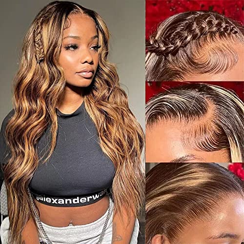 Ombre Lace Front Wigs Human Hair Pre Plucked with Baby Hair Highlight 13x4 Body Wave Lace Front Wigs Human Hair 180% Density 4/27 Colored Honey Blonde Lace Front Wig Human Hair for Black Women 24 Inch