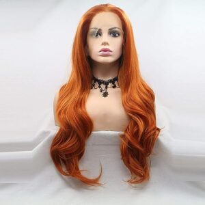 Orange Color Synthetic Lace Front Wigs Free Part Long Wavy Synthetic Glueless Half Hand Tied Lace Wigs For Women 24Inch