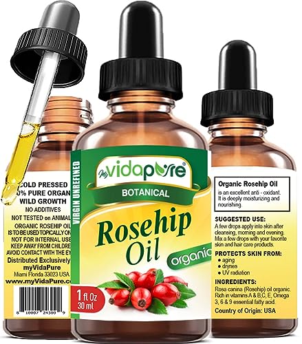 Pure Organic Rosehip Oil 100% Virgin Unrefined 1 Fl. oz. for Skin and Hair
