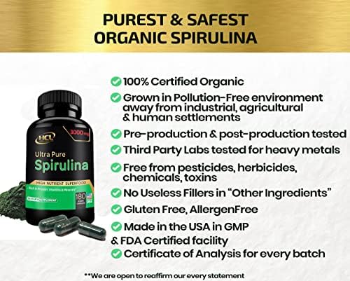 Organic Spirulina Powder Capsules 3000 mg - Purest Non-Irradiated Blue Green Algae - Best Raw Vegan Protein - Green Superfood - Natural Multivitamins – 180 Pills Made in The USA - Image 3