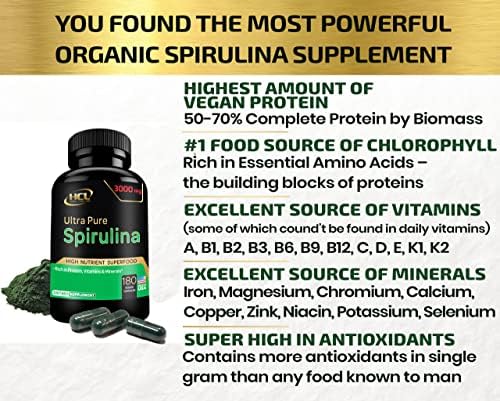 Organic Spirulina Powder Capsules 3000 mg - Purest Non-Irradiated Blue Green Algae - Best Raw Vegan Protein - Green Superfood - Natural Multivitamins – 180 Pills Made in The USA - Image 4