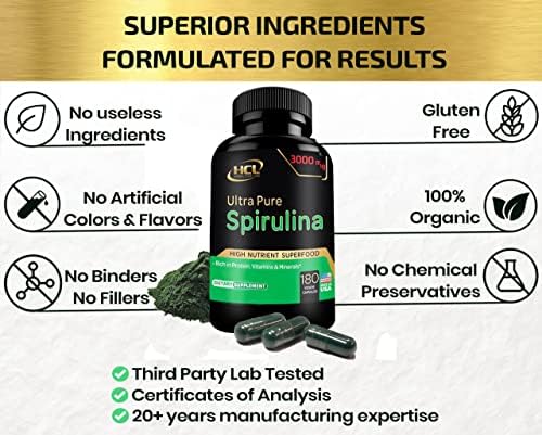 Organic Spirulina Powder Capsules 3000 mg - Purest Non-Irradiated Blue Green Algae - Best Raw Vegan Protein - Green Superfood - Natural Multivitamins – 180 Pills Made in The USA - Image 6