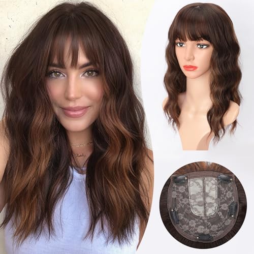 ORSUNCER Hair Topper for Women Wavy Topper Hair with Bangs for Thinning Hair Synthetic Topper Bangs for Daily Use(Black Mixed Brown)