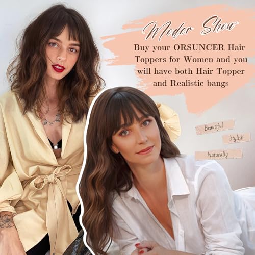 ORSUNCER Hair Topper for Women Wavy Topper Hair with Bangs for Thinning Hair Synthetic Topper Bangs for Daily Use(Black Mixed Brown) - Image 6