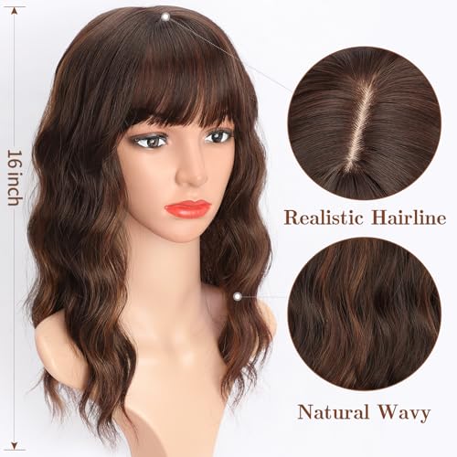ORSUNCER Hair Topper for Women Wavy Topper Hair with Bangs for Thinning Hair Synthetic Topper Bangs for Daily Use(Black Mixed Brown) - Image 5