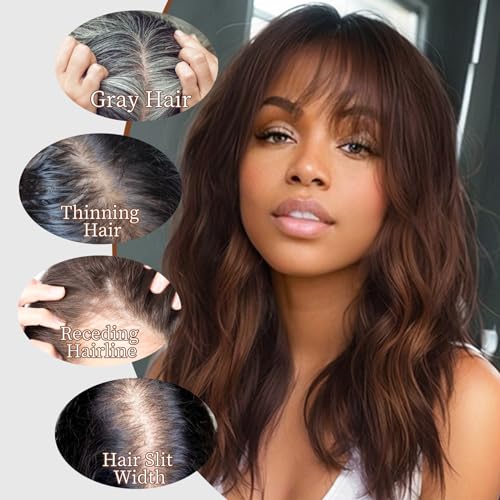 ORSUNCER Hair Topper for Women Wavy Topper Hair with Bangs for Thinning Hair Synthetic Topper Bangs for Daily Use(Black Mixed Brown) - Image 4