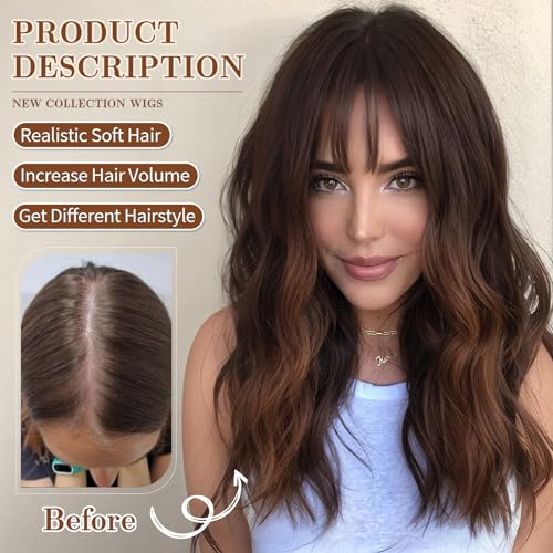 ORSUNCER Hair Topper for Women Wavy Topper Hair with Bangs for Thinning Hair Synthetic Topper Bangs for Daily Use(Black Mixed Brown) - Image 2