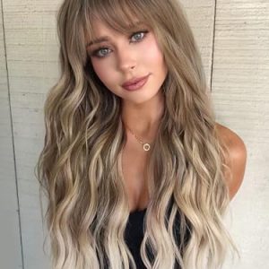 ORSUNCER Long Curly Wavy Synthetic Hair Wigs with Bangs for Women Ombre Ash Brown Blonde Heat Resistant Wigs for Daily Party Wig 26 Inches
