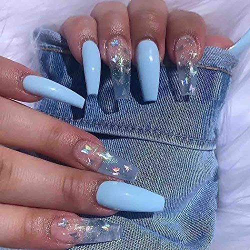 Outyua Butterfly Fake Nails Coffin Glossy Extra Long Press On Nails Ballerina Designer Blue False Nails Full Cover Nails with Design for Women and Girls 24pcs (Blue)