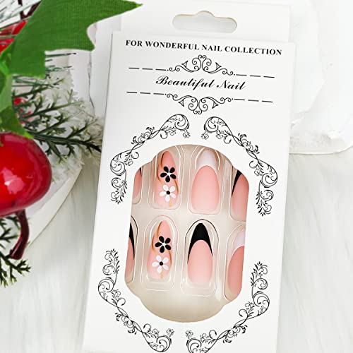 Oval French Nails Tips Press On Nails Medium Almond Fake Nails with Black White Flowers Design Nude Glue on Nails Glod Stripe Matte Stick on Nails Small Florets Acrylic False Nails for Women Girls - Image 5