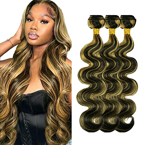 P1B/27 Body Wave Bundles Human Haitr Highlight Human Hair Bundles 18 20 22 Inch Ombre Body Wave Bundles Honey Blonde Human Hair Bundles Double Weft Hair Extensions for Women
