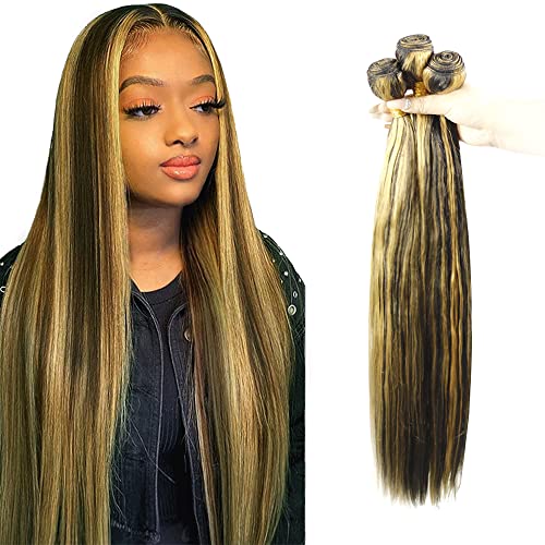 P1B/27 Bundles Highlight Human Hair Bundles Honey Blonde Straight Human Hair Bundles 14 16 18 inch P1B/27 Color Two Tone Black Mixed With Honey Blonde Bundle