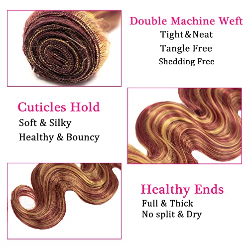 P27/99J Bundles Burgundy Body Wave Human Hair Bundles 20 22 24 Inch Brazilian Two Tone Blonde Mixed With Burgundy Bundles Human Hair Unprocessed Virgin Hair 3 Bundles 99j Bundles Hair Extensions - Image 3