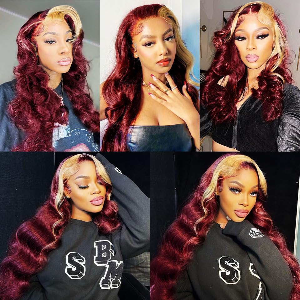 P27/99J Bundles Burgundy Body Wave Human Hair Bundles 20 22 24 Inch Brazilian Two Tone Blonde Mixed With Burgundy Bundles Human Hair Unprocessed Virgin Hair 3 Bundles 99j Bundles Hair Extensions - Image 2